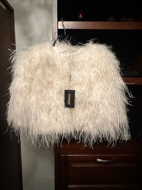 Ostrich Feathered Ivonne D White Cropped Jacket - NEW with Tags Still On